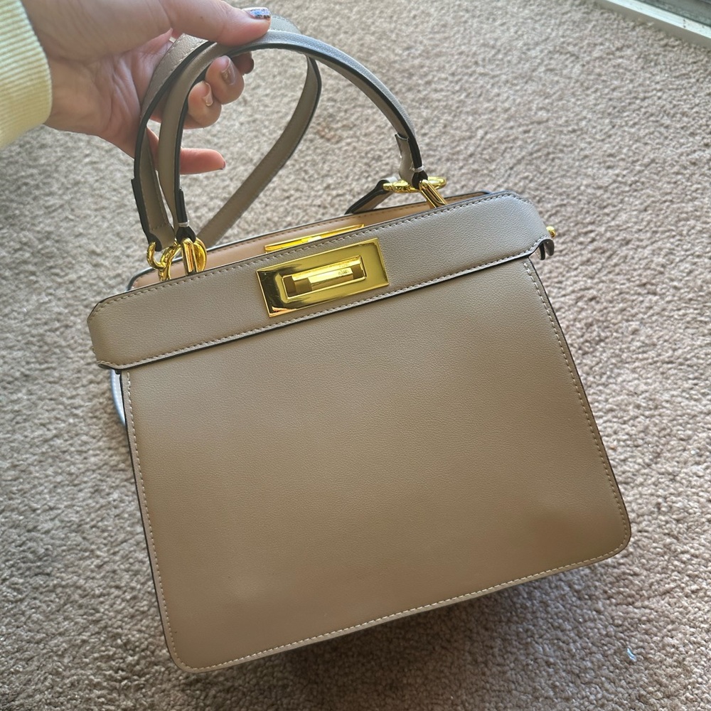 beige tan crossbody top handle bag